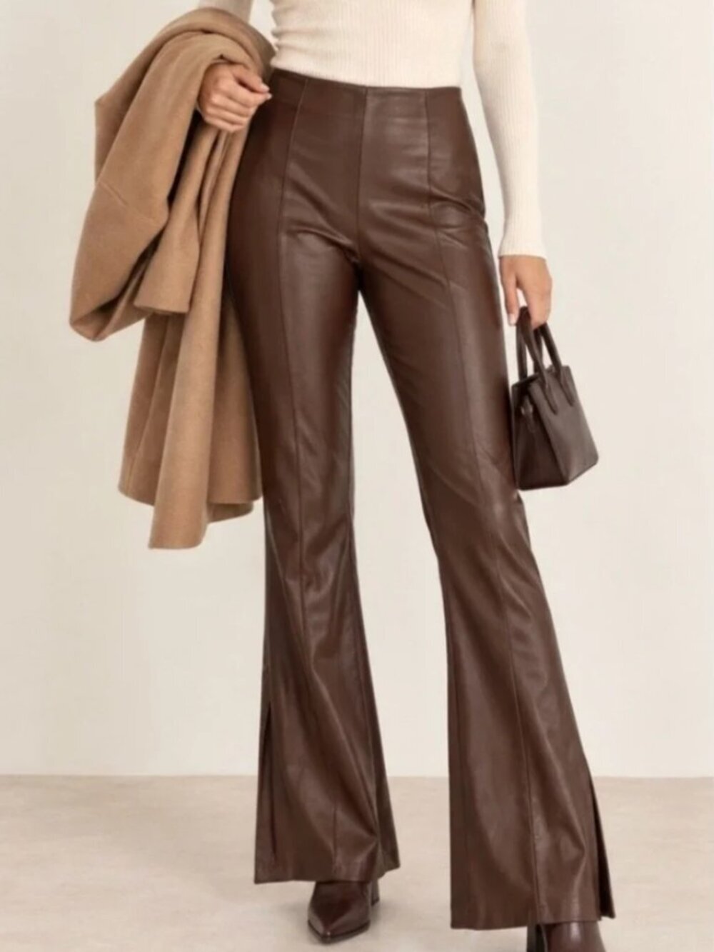 Abercrombie Vegan Leather Flare Split Hem Pants Dark Brown Size Medium